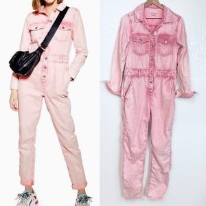 Topshop Denim Jumpsuit Long Sleeve Pink Barbie Size US 6